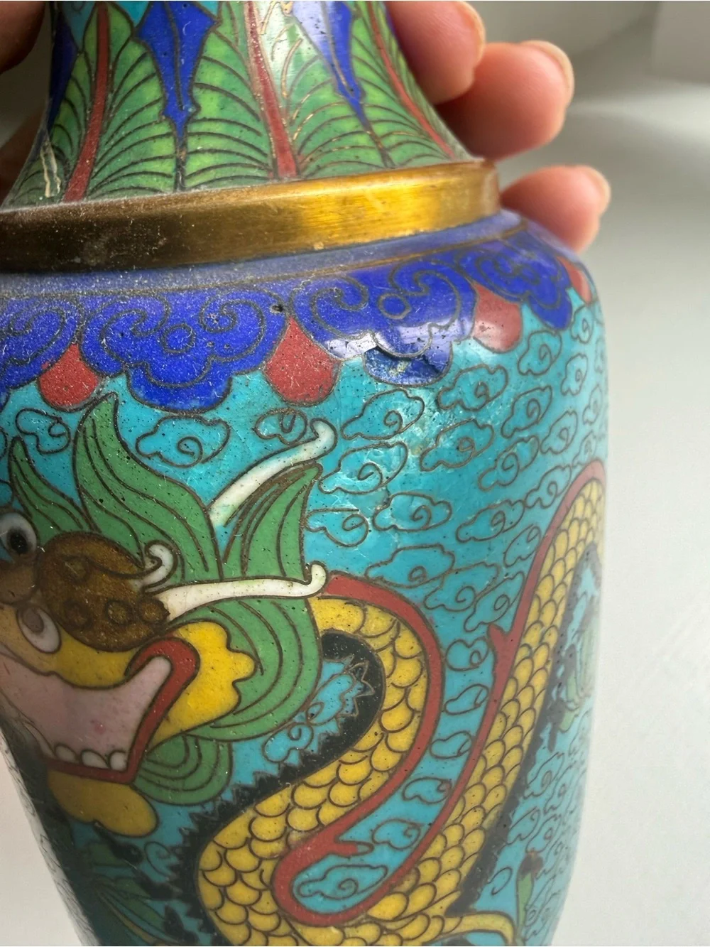 Vintage Turquoise, Yellow and Green Dragon Cloisonné Vase - Picture 2 of 6